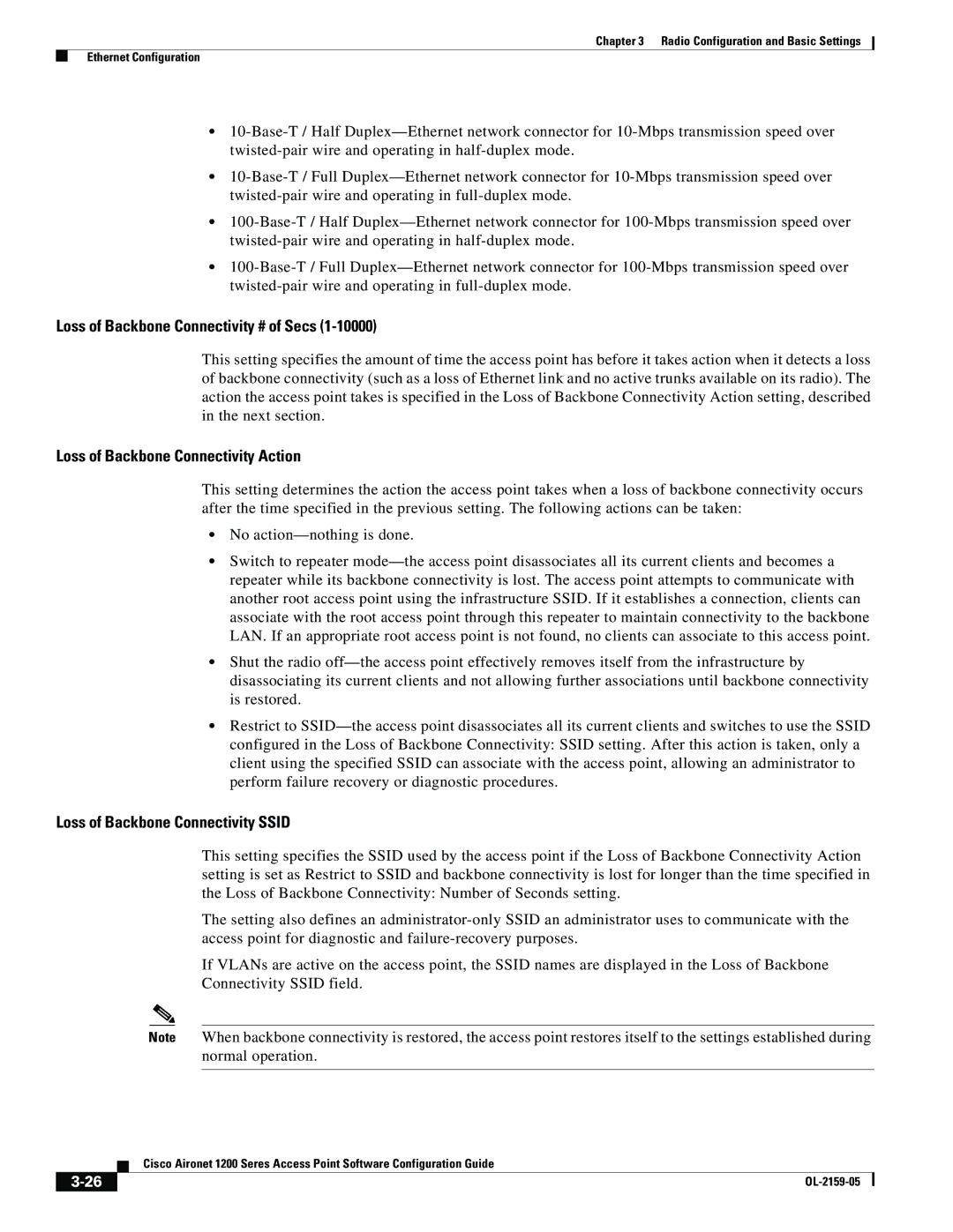 Cisco Systems DL-2159-05 manual Loss of Backbone Connectivity # of Secs, Loss of Backbone Connectivity Action 