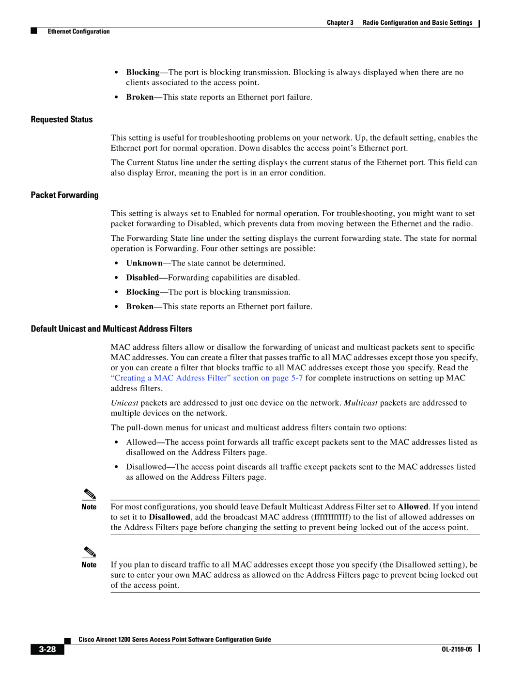 Cisco Systems DL-2159-05 manual Requested Status, Default Unicast and Multicast Address Filters 