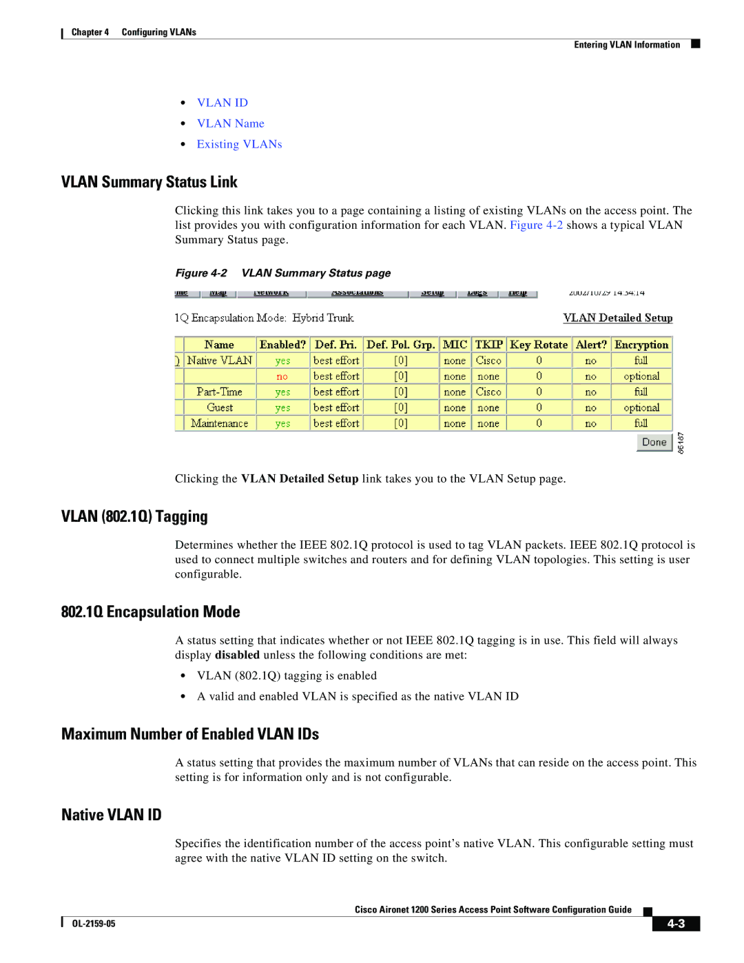 Cisco Systems DL-2159-05 manual Vlan Summary Status Link, Vlan 802.1Q Tagging, 802.1Q Encapsulation Mode, Native Vlan ID 