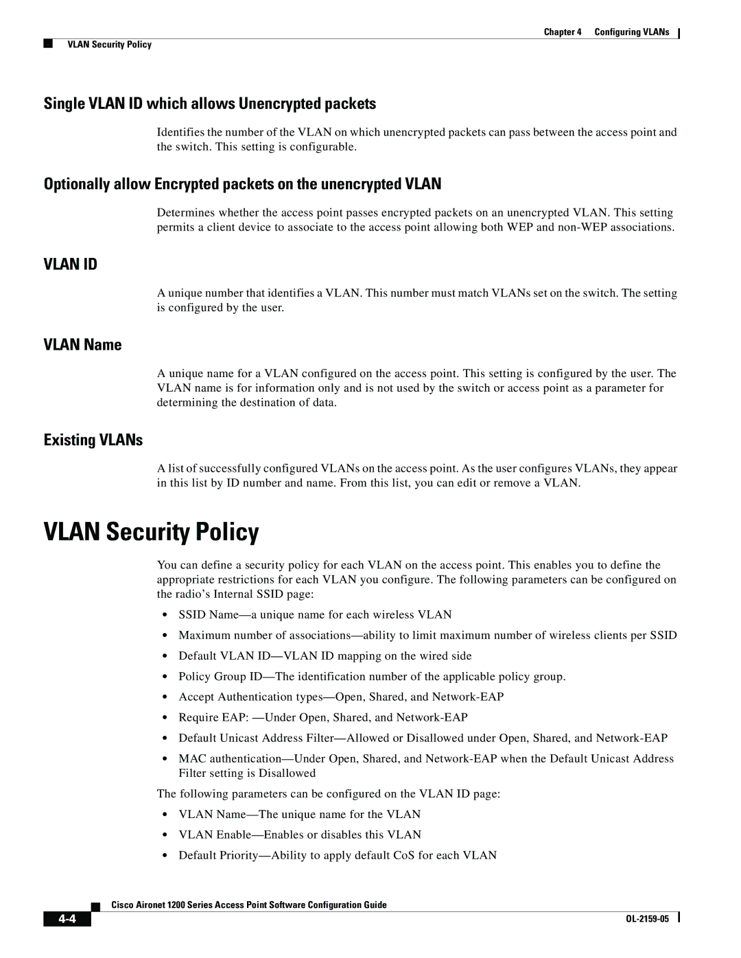 Cisco Systems DL-2159-05 Vlan Security Policy, Single Vlan ID which allows Unencrypted packets, Vlan Name, Existing VLANs 