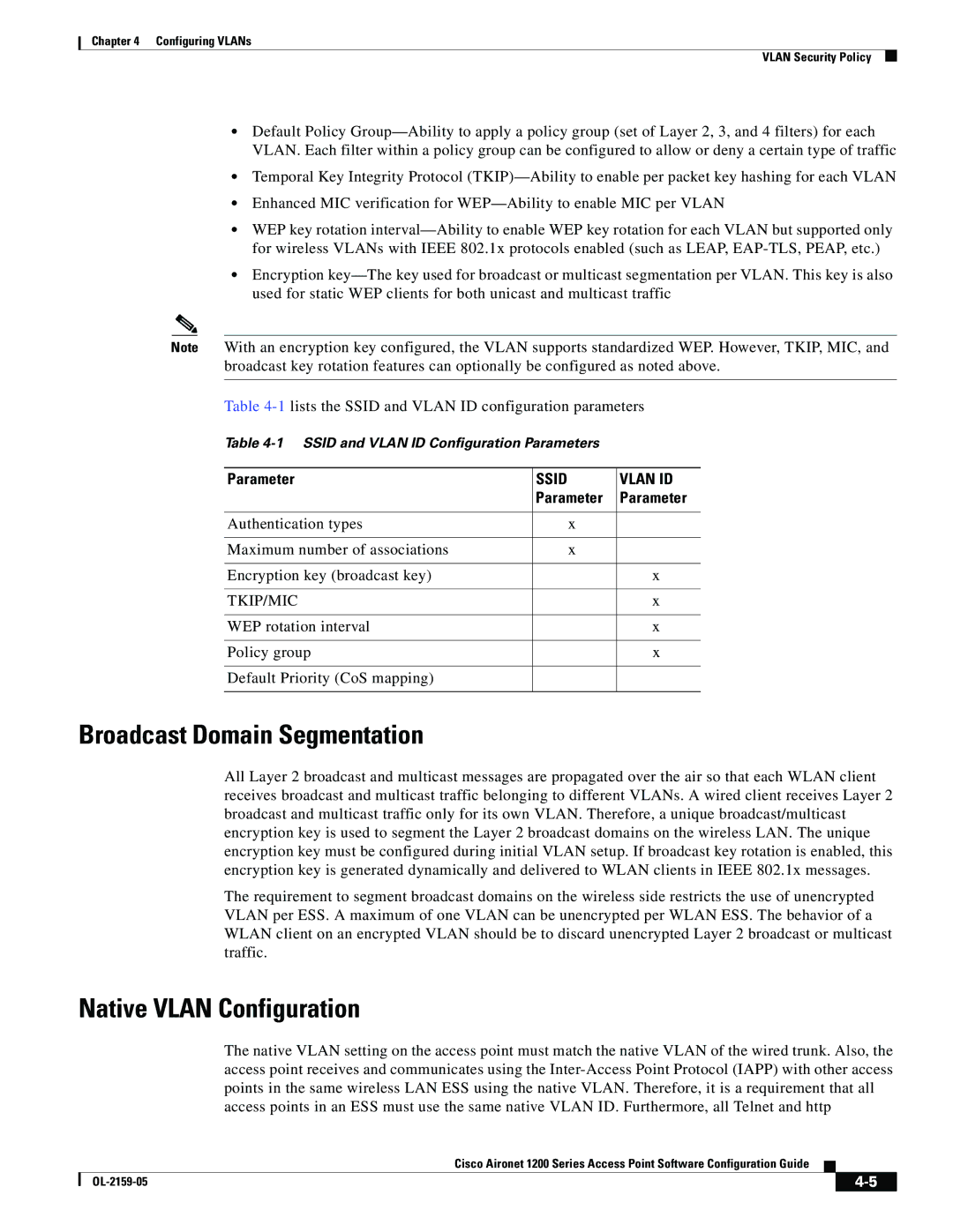 Cisco Systems DL-2159-05 manual Broadcast Domain Segmentation, Native Vlan Configuration, Parameter, Tkip/Mic 