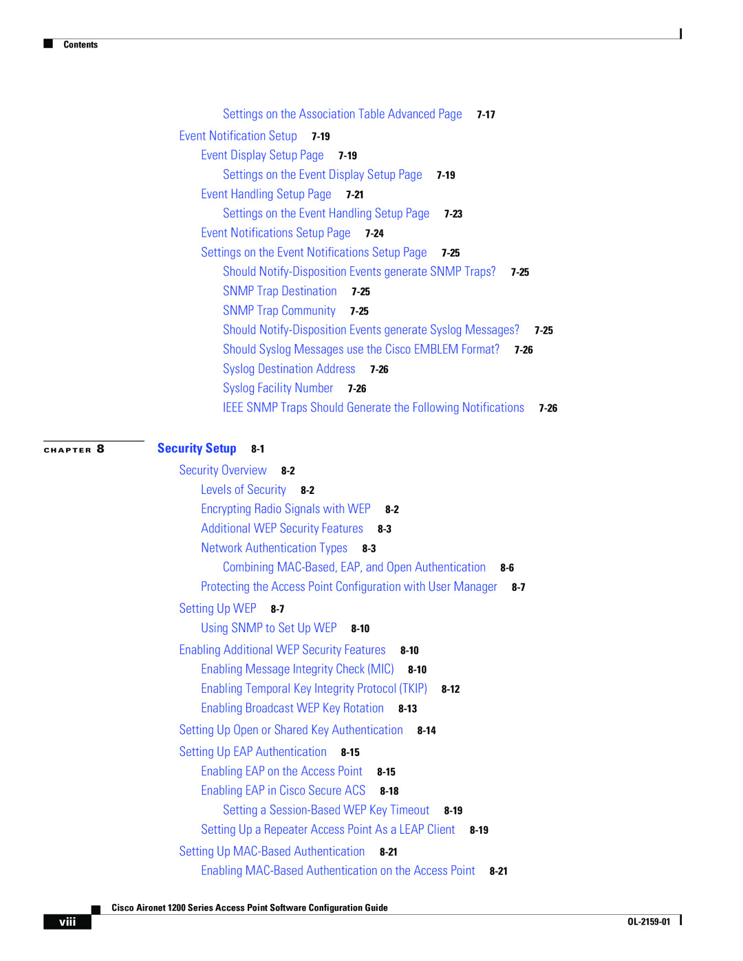 Cisco Systems DL-2159-05 manual Event Notifications Setup, Viii 