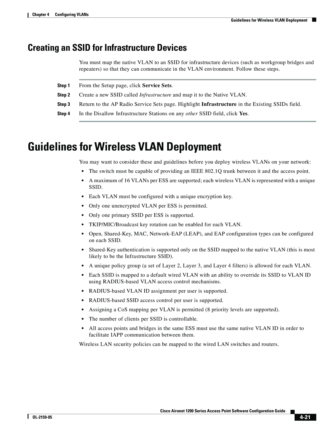 Cisco Systems DL-2159-05 manual Guidelines for Wireless Vlan Deployment, Creating an Ssid for Infrastructure Devices 