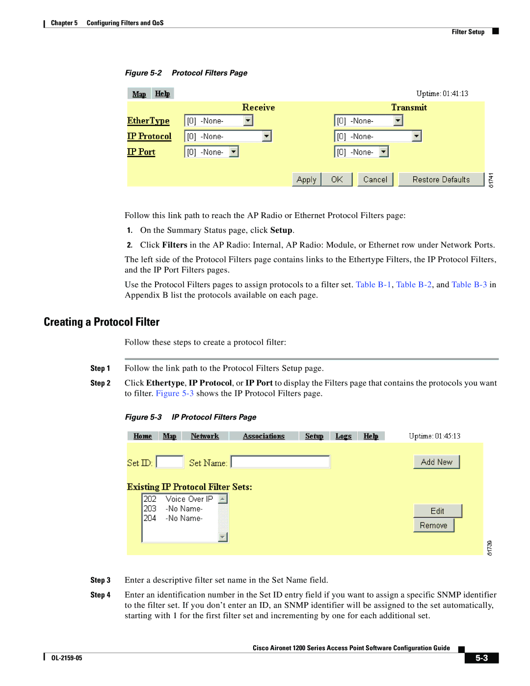 Cisco Systems DL-2159-05 manual Creating a Protocol Filter, Enter a descriptive filter set name in the Set Name field 