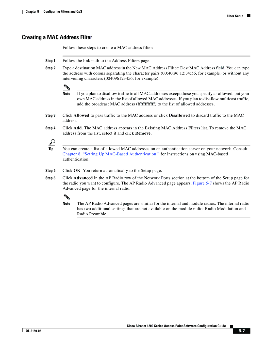 Cisco Systems DL-2159-05 manual Creating a MAC Address Filter 