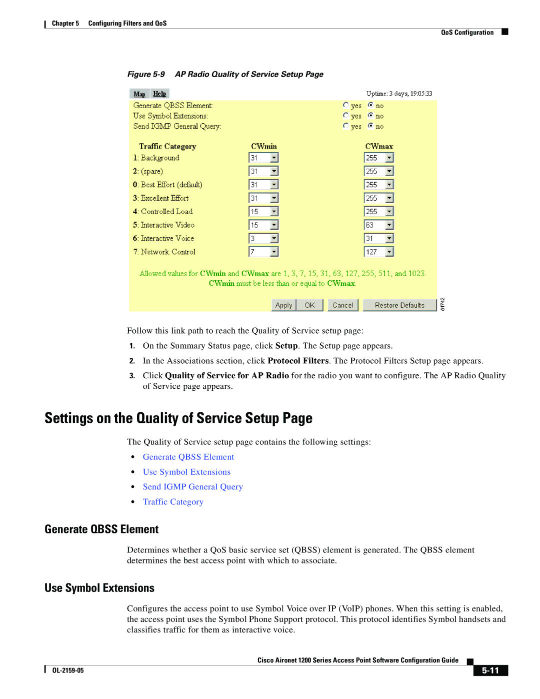 Cisco Systems DL-2159-05 manual Settings on the Quality of Service Setup, Generate Qbss Element, Use Symbol Extensions 