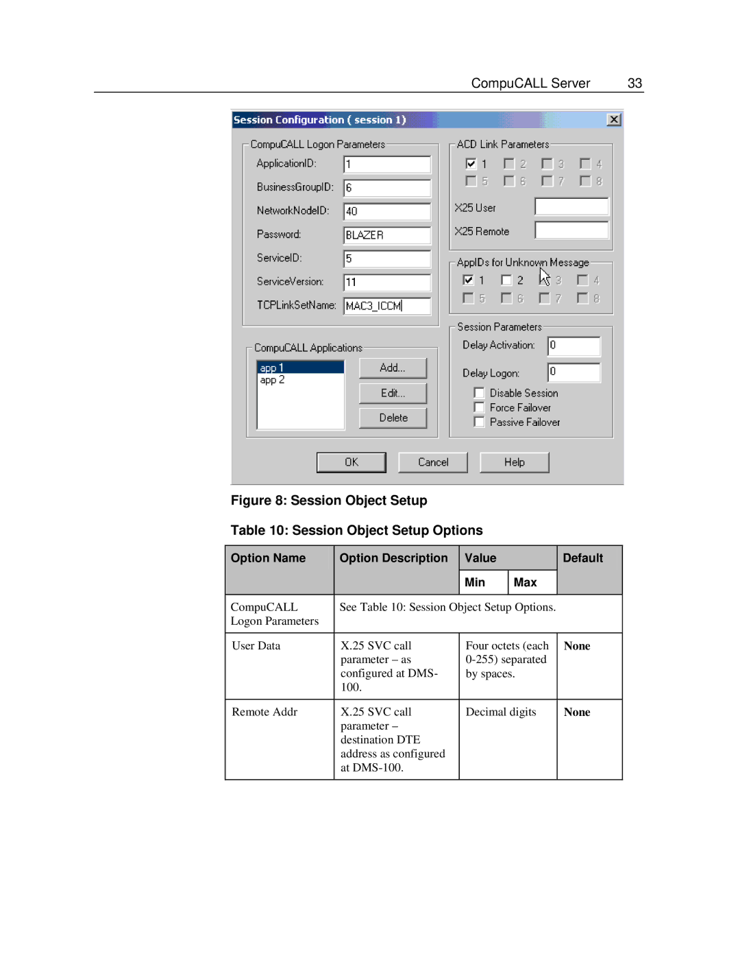 Cisco Systems SL-100, DMS-100 manual Session Object Setup Session Object Setup Options 