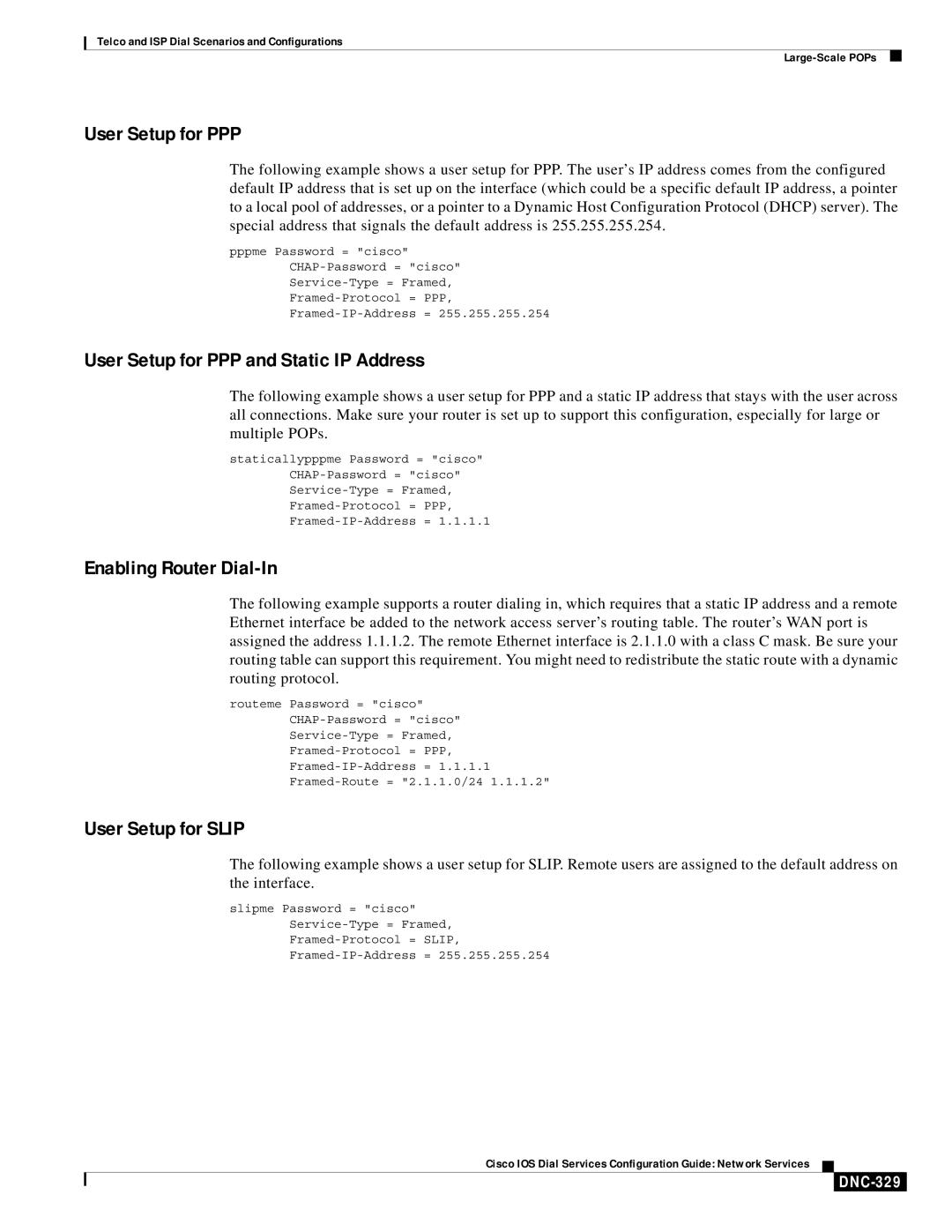 Cisco Systems DNC-305 User Setup for PPP and Static IP Address, Enabling Router Dial-In, User Setup for Slip, DNC-329 