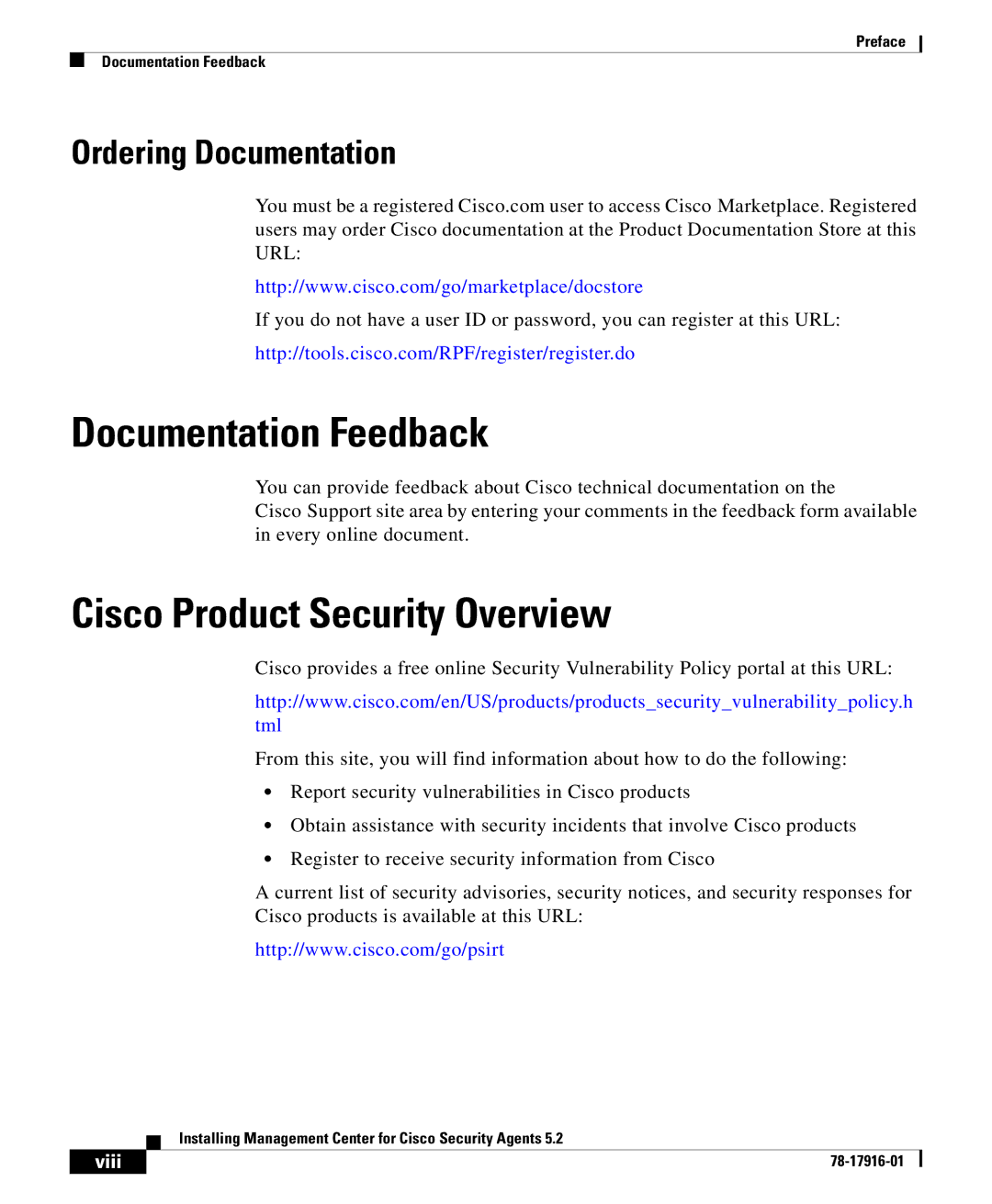 Cisco Systems DOC-78-17916 manual Documentation Feedback, Cisco Product Security Overview, Ordering Documentation 