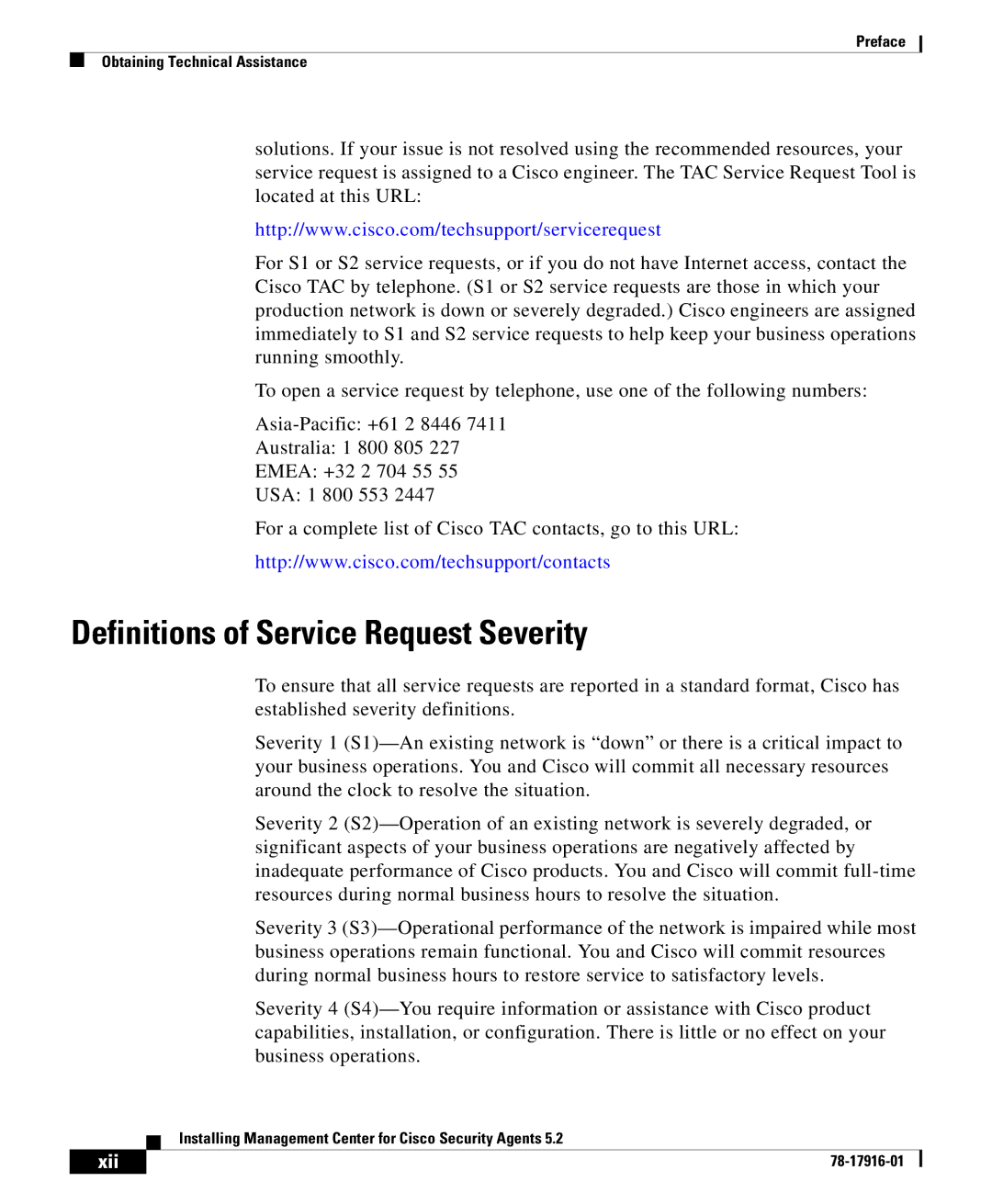 Cisco Systems DOC-78-17916 manual Definitions of Service Request Severity 