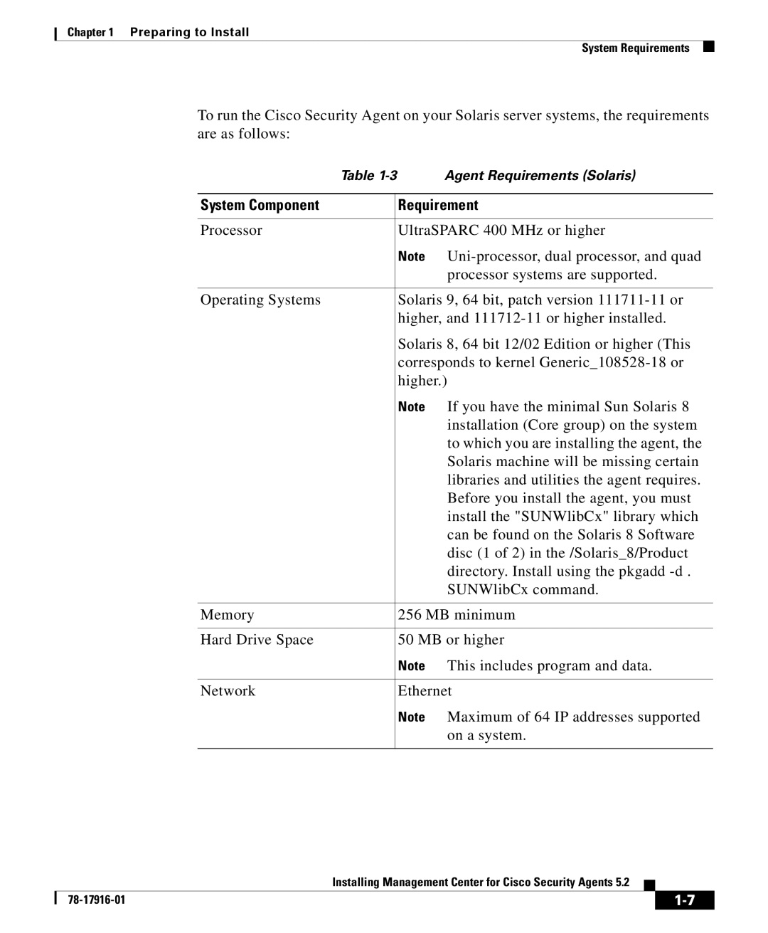 Cisco Systems DOC-78-17916 manual Agent Requirements Solaris 