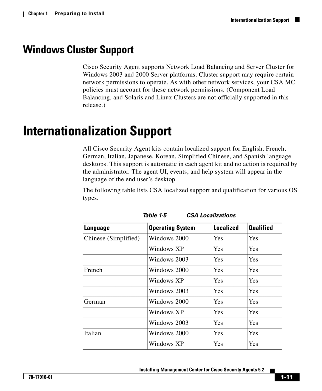 Cisco Systems DOC-78-17916 manual Internationalization Support, Windows Cluster Support 