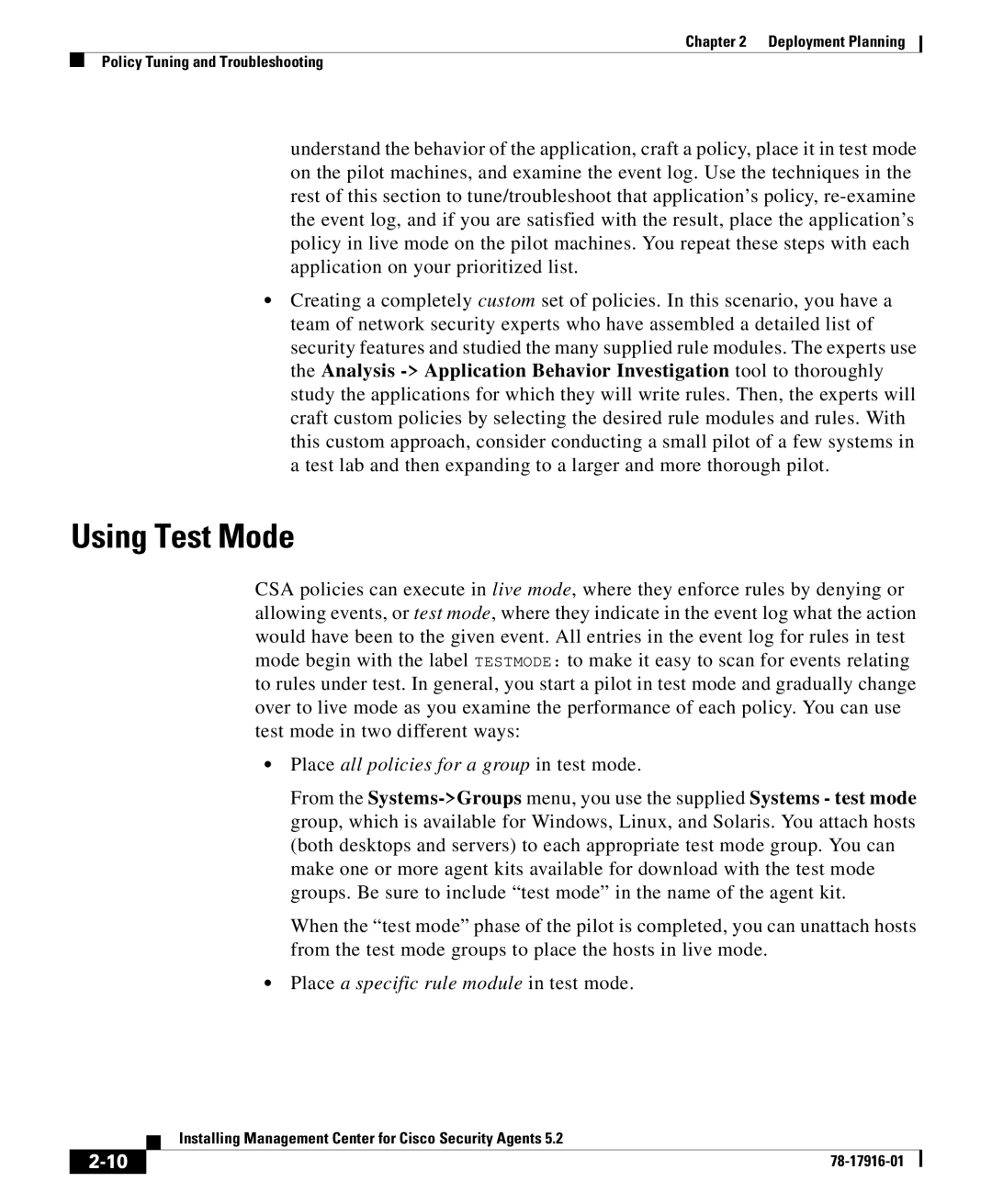 Cisco Systems DOC-78-17916 manual Using Test Mode, Place all policies for a group in test mode 