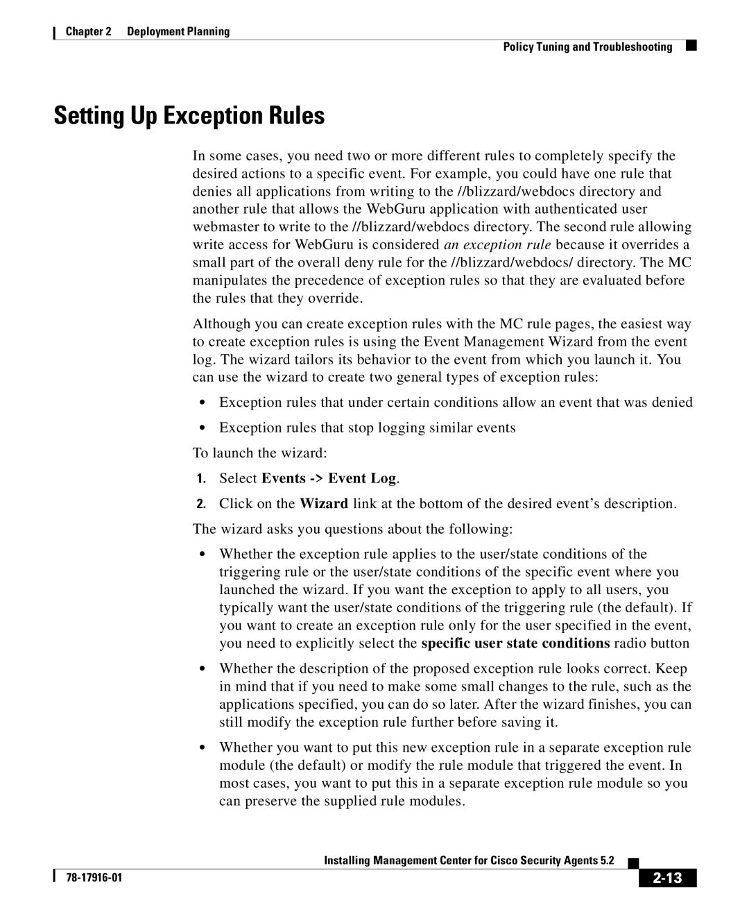 Cisco Systems DOC-78-17916 manual Setting Up Exception Rules, Select Events Event Log 