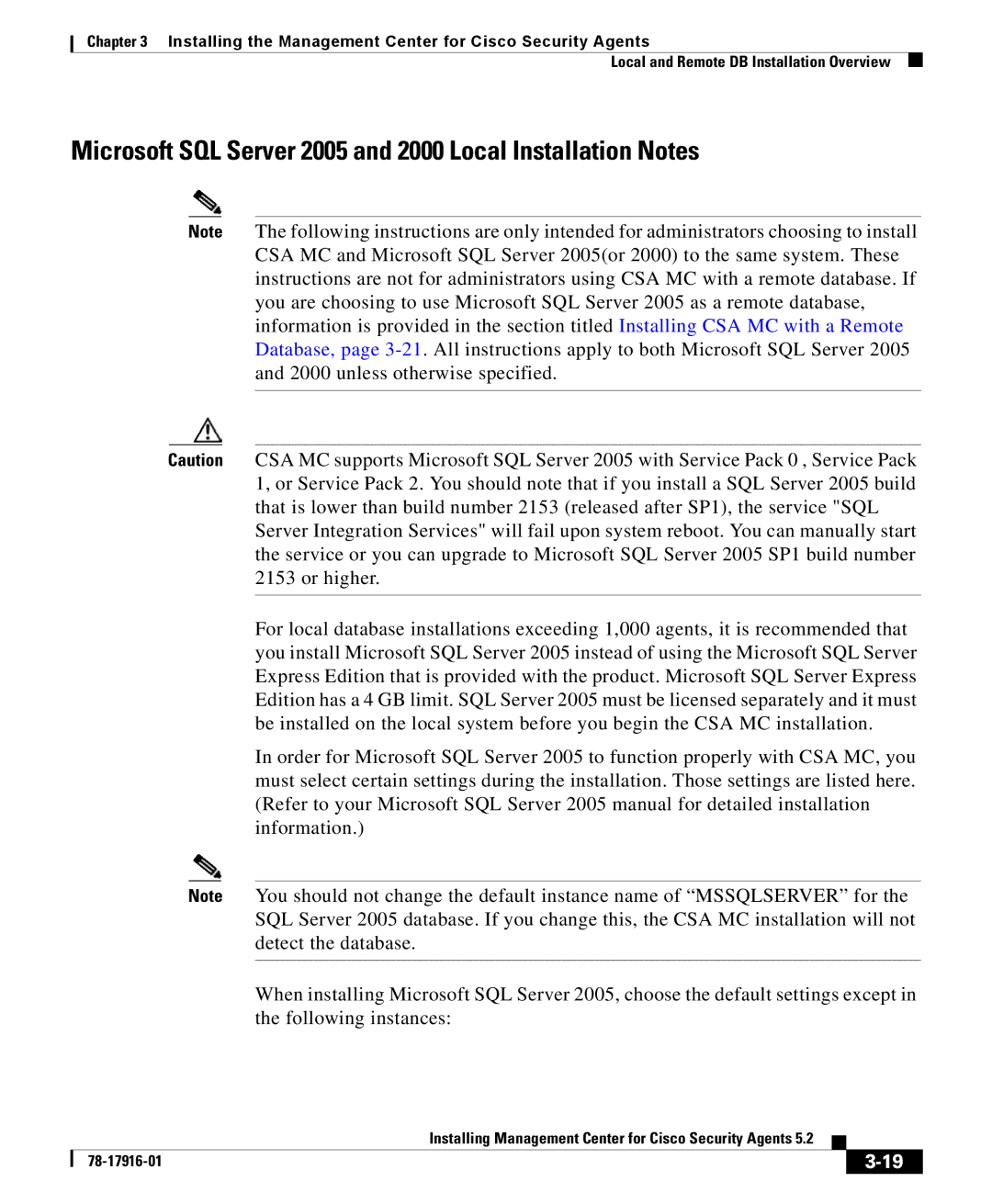 Cisco Systems DOC-78-17916 manual Microsoft SQL Server 2005 and 2000 Local Installation Notes 