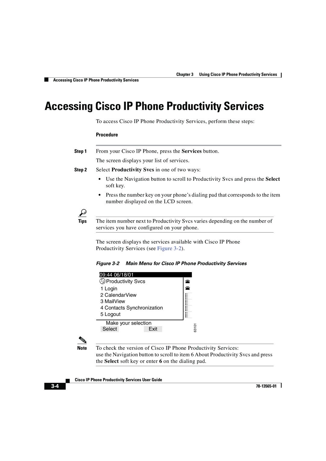 Cisco Systems DOC-7813565= manual Accessing Cisco IP Phone Productivity Services 