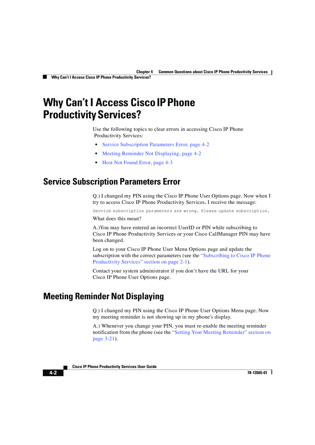 Cisco Systems DOC-7813565= Why Can’t I Access Cisco IP Phone Productivity Services?, Service Subscription Parameters Error 