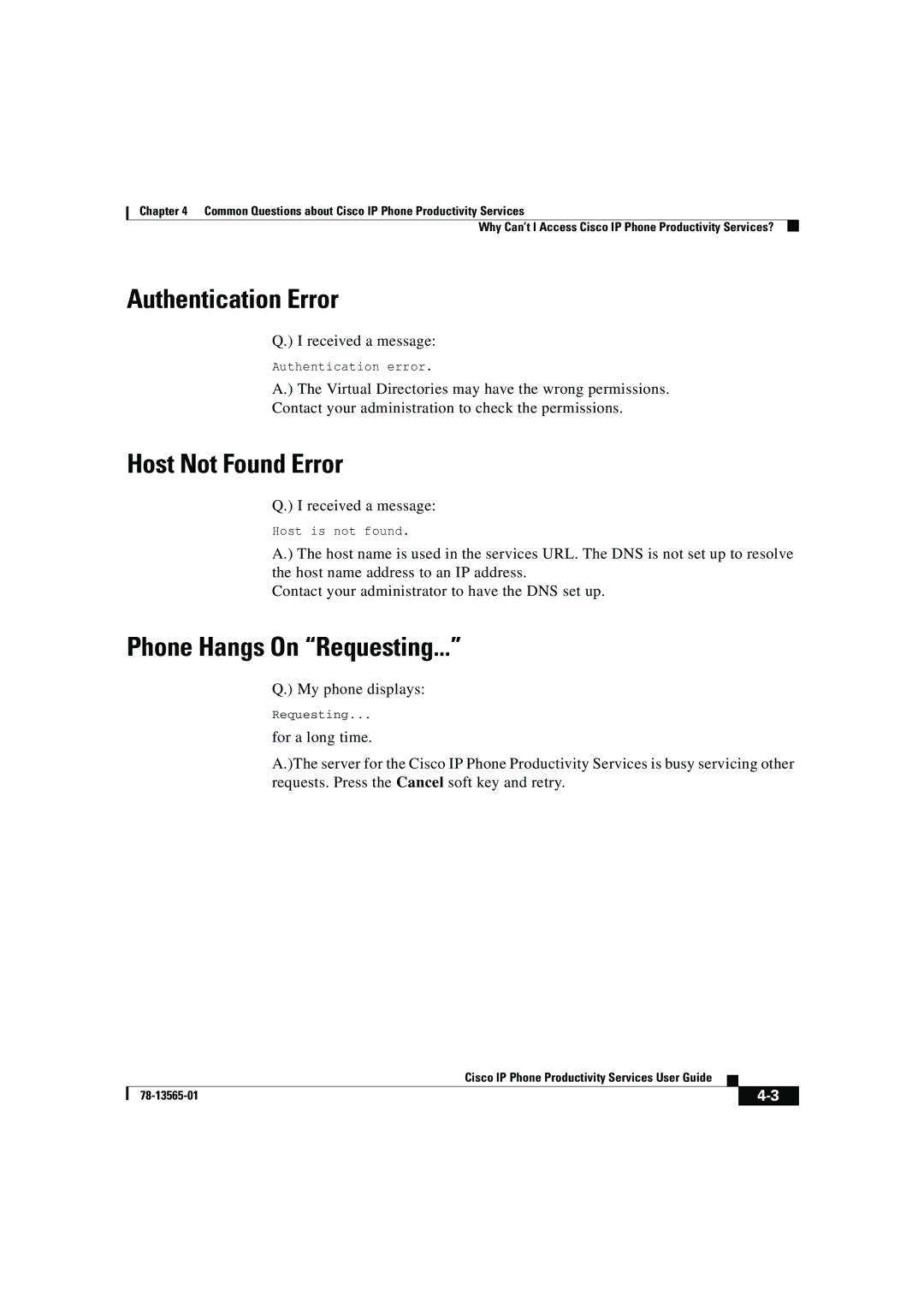 Cisco Systems DOC-7813565= manual Authentication Error, Host Not Found Error, Phone Hangs On Requesting 