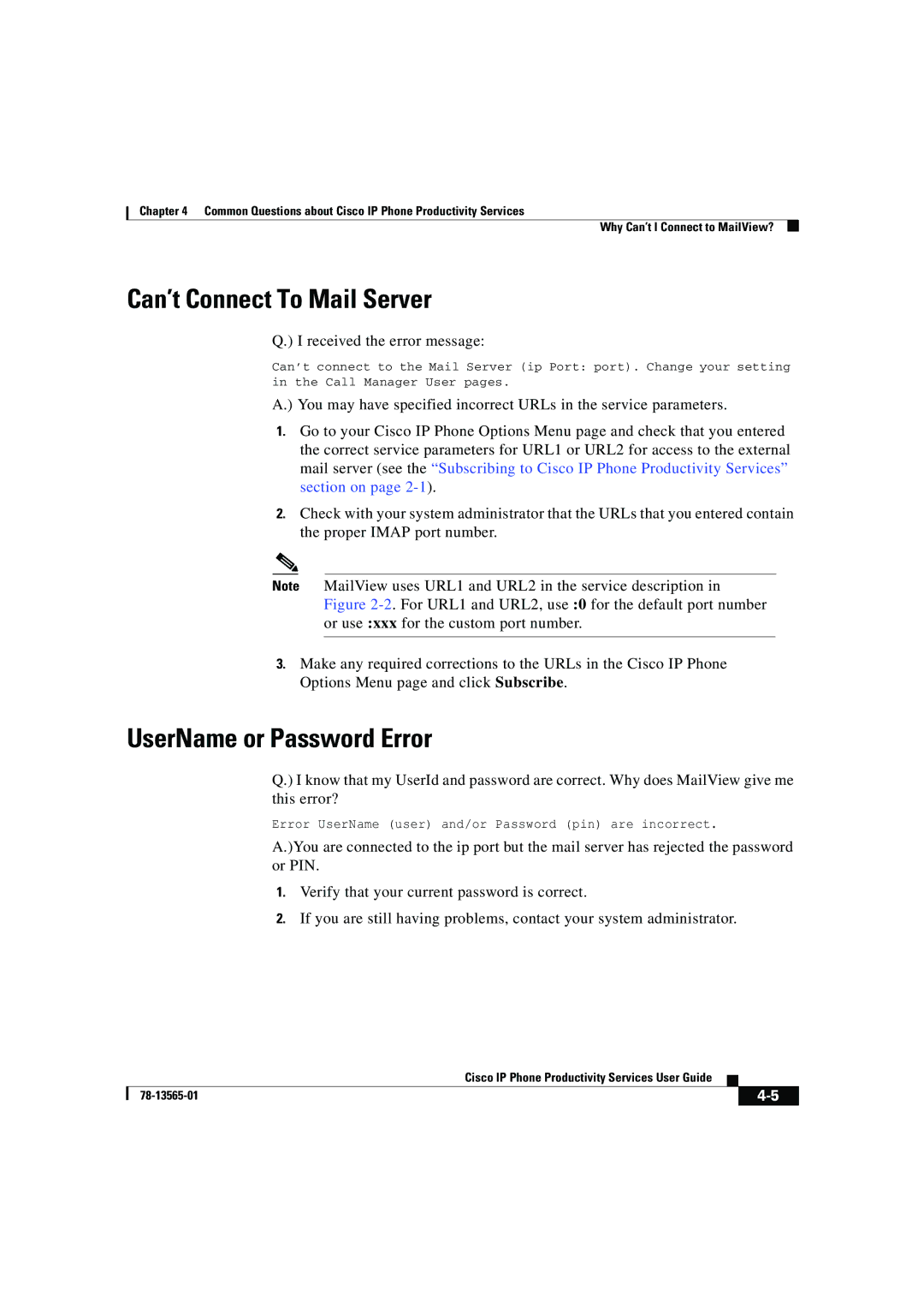 Cisco Systems DOC-7813565= manual Can’t Connect To Mail Server, UserName or Password Error 