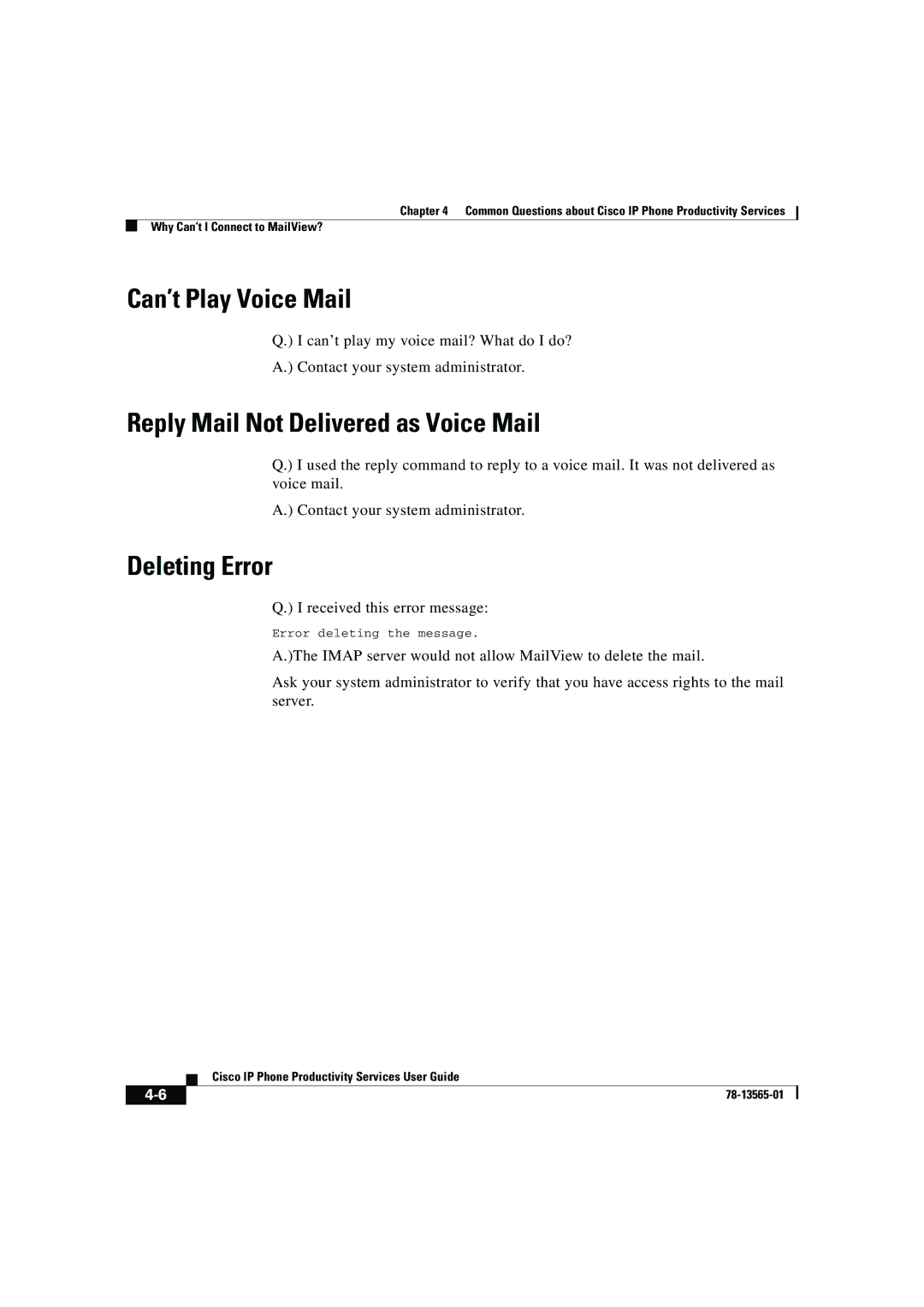 Cisco Systems DOC-7813565= manual Can’t Play Voice Mail, Reply Mail Not Delivered as Voice Mail, Deleting Error 