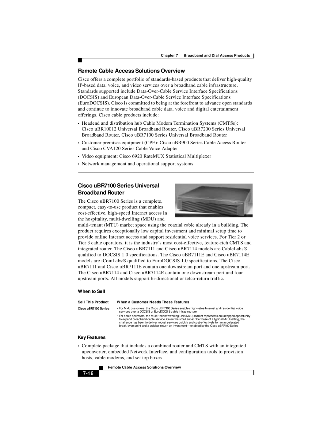 Cisco Systems DOC 785983 manual Remote Cable Access Solutions Overview, Cisco uBR7100 Series Universal Broadband Router 