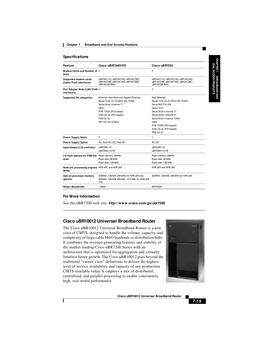 Cisco Systems DOC 785983 manual Cisco uBR10012 Universal Broadband Router, Feature Cisco uBR7246VXR Cisco uBR7223 