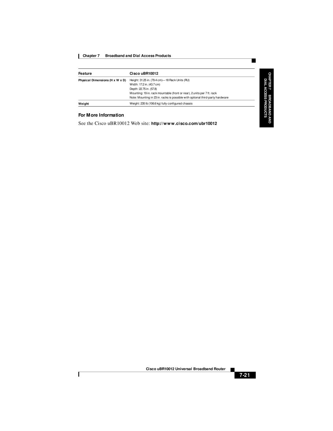 Cisco Systems DOC 785983 manual Broadband and Dial Access Products Feature Cisco uBR10012, Weight 