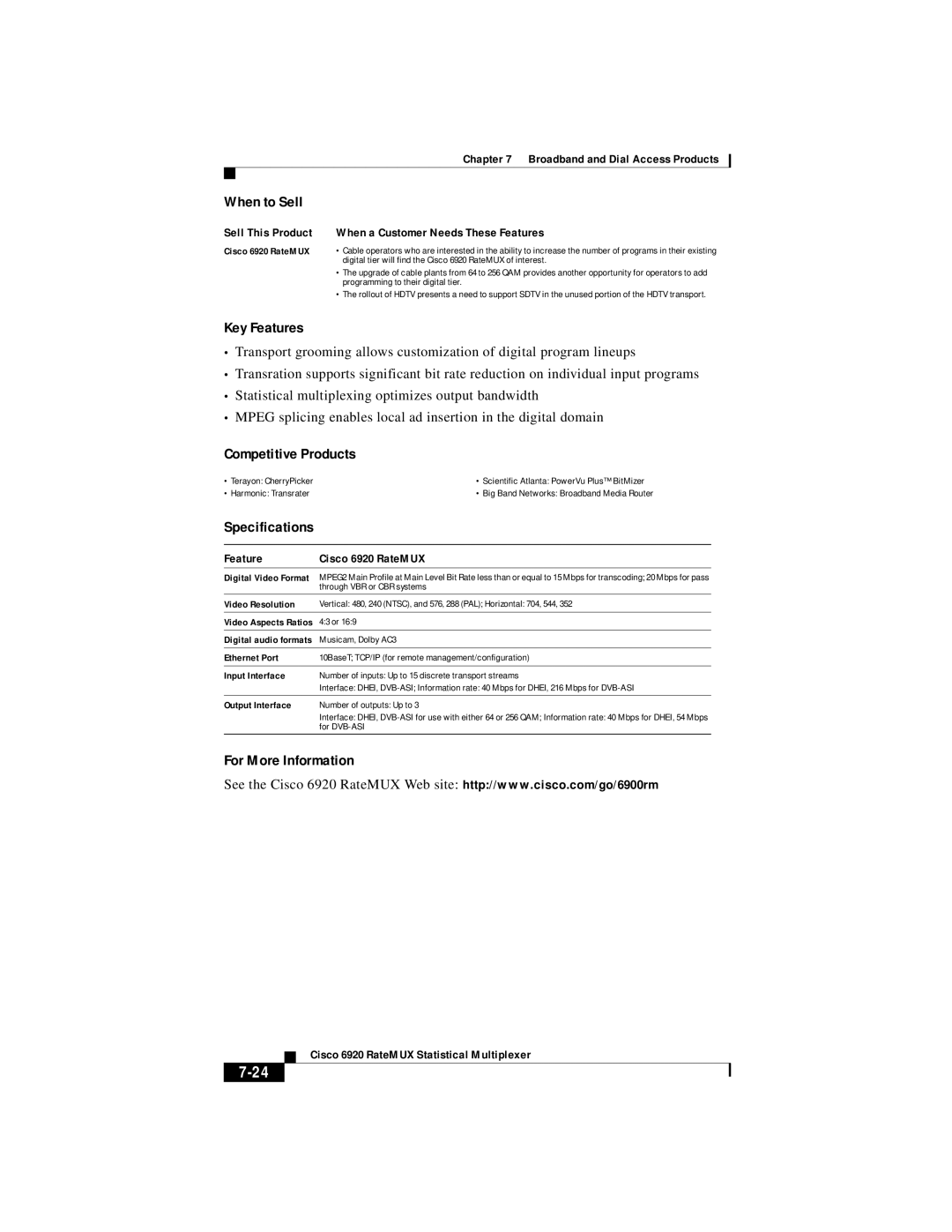 Cisco Systems DOC 785983 Feature Cisco 6920 RateMUX, Video Resolution, Ethernet Port, Input Interface, Output Interface 