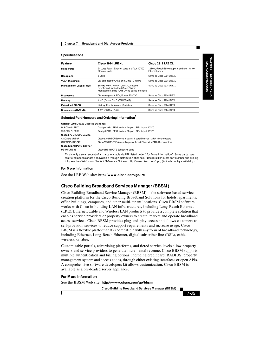 Cisco Systems DOC 785983 manual Cisco Building Broadband Services Manager Bbsm, Feature Cisco 2924 LRE XL Cisco 2912 LRE XL 