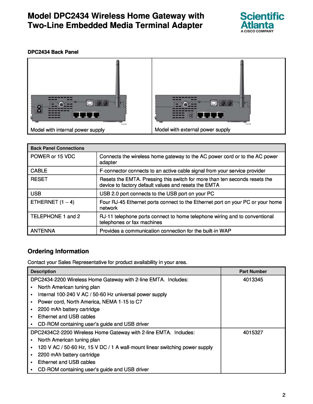 Cisco Systems specifications Ordering Information, DPC2434 Back Panel 