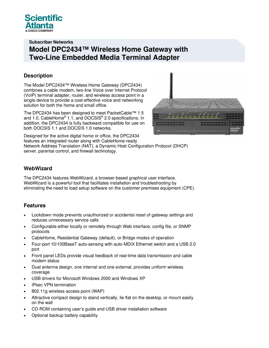 Cisco Systems DPC2434 specifications Description, WebWizard, Features 