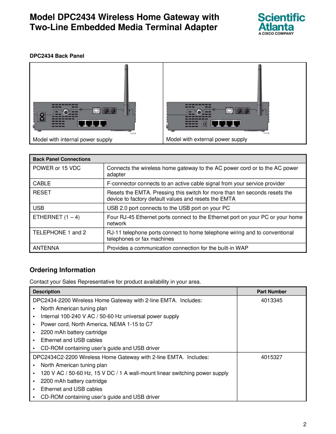 Cisco Systems specifications Ordering Information, DPC2434 Back Panel 