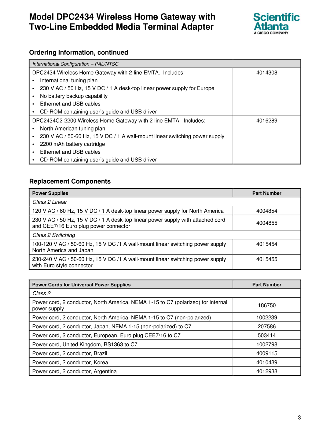 Cisco Systems DPC2434 specifications Replacement Components, Class 2 Linear 