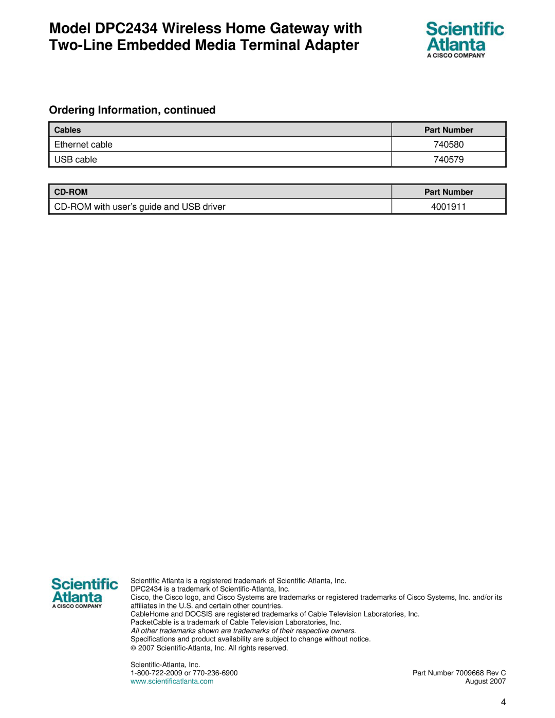 Cisco Systems DPC2434 specifications Ethernet cable USB cable 