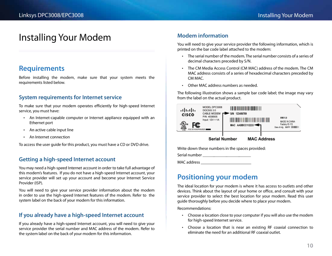 Cisco Systems DPC3008CC manual Installing Your Modem, Requirements, Positioning your modem 