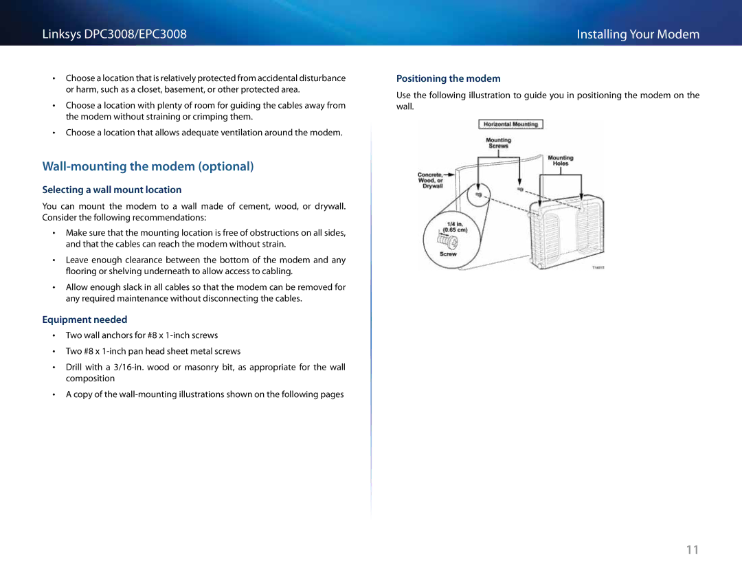 Cisco Systems DPC3008CC manual Wall-mounting the modem optional, Selecting a wall mount location, Equipment needed 