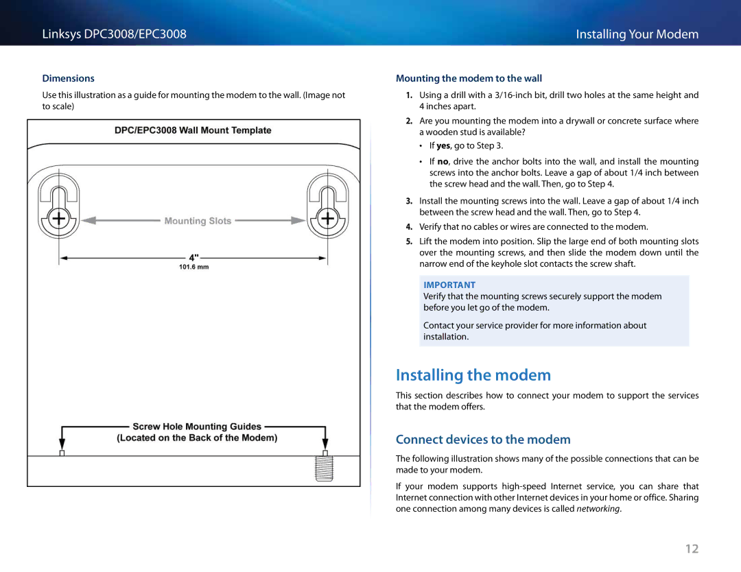 Cisco Systems DPC3008CC Installing the modem, Connect devices to the modem, Dimensions, Mounting the modem to the wall 