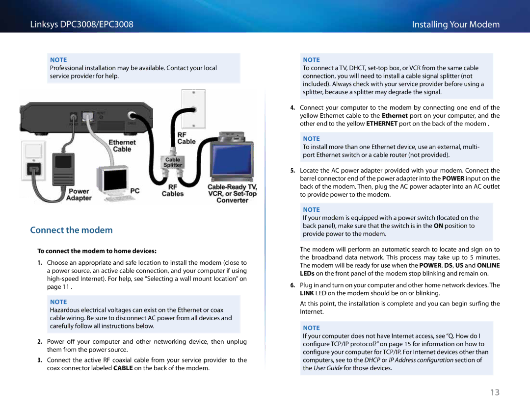 Cisco Systems DPC3008CC manual Installing Your Modem 