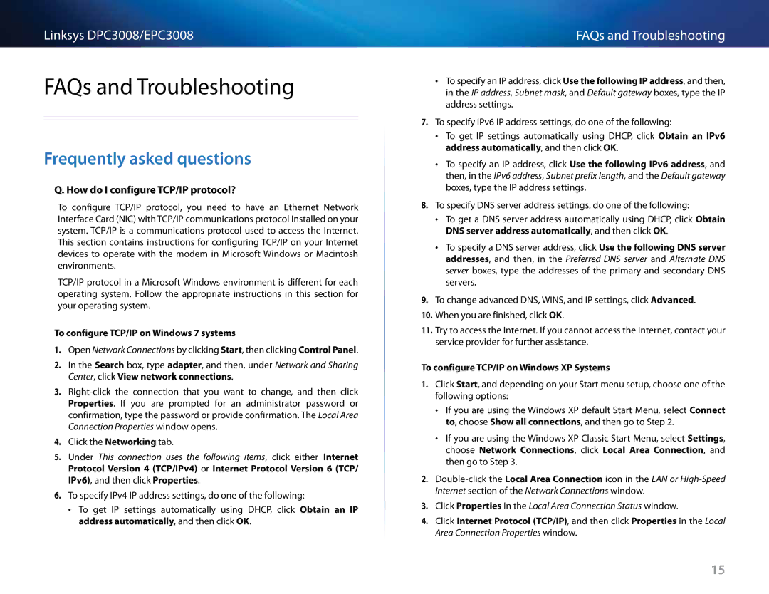 Cisco Systems DPC3008CC manual FAQs and Troubleshooting, Frequently asked questions, How do I configure TCP/IP protocol? 