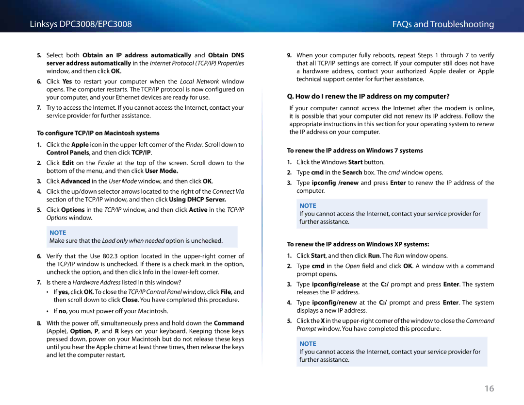 Cisco Systems DPC3008CC manual How do I renew the IP address on my computer?, To configure TCP/IP on Macintosh systems 