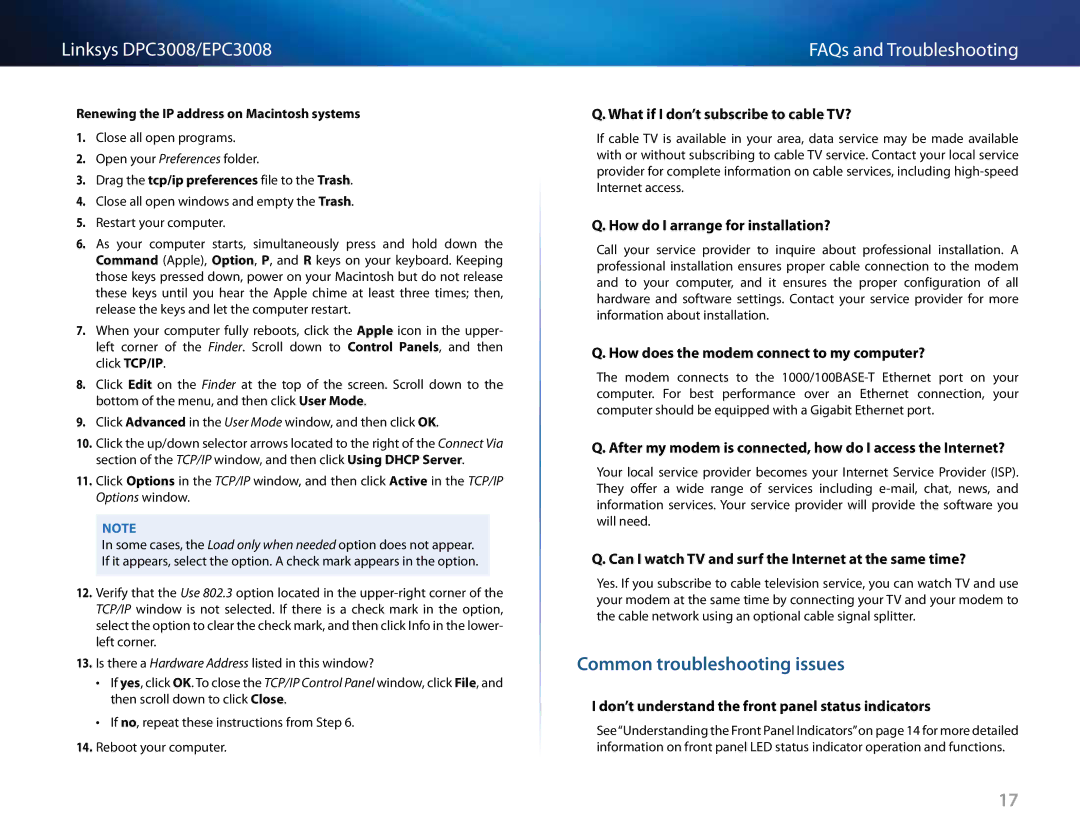 Cisco Systems DPC3008CC manual Common troubleshooting issues 