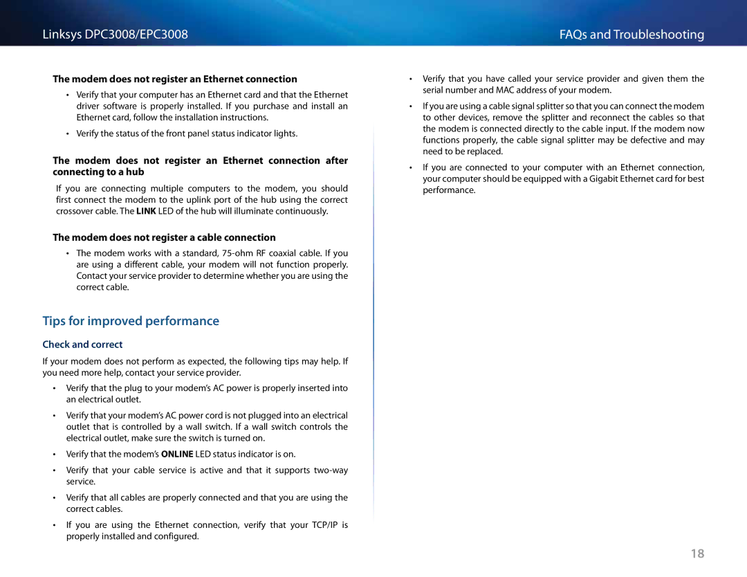 Cisco Systems DPC3008CC Tips for improved performance, Modem does not register an Ethernet connection, Check and correct 