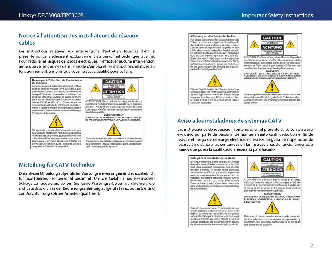 Cisco Systems DPC3008CC manual Mitteilung für CATV-Techniker, Aviso a los instaladores de sistemas Catv 