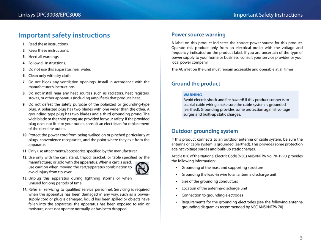 Cisco Systems DPC3008CC Important safety instructions, Power source warning, Ground the product, Outdoor grounding system 