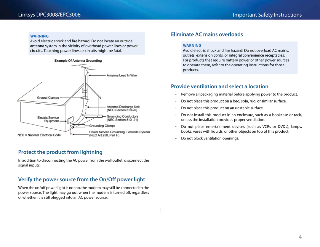 Cisco Systems DPC3008CC manual Protect the product from lightning, Verify the power source from the On/Off power light 