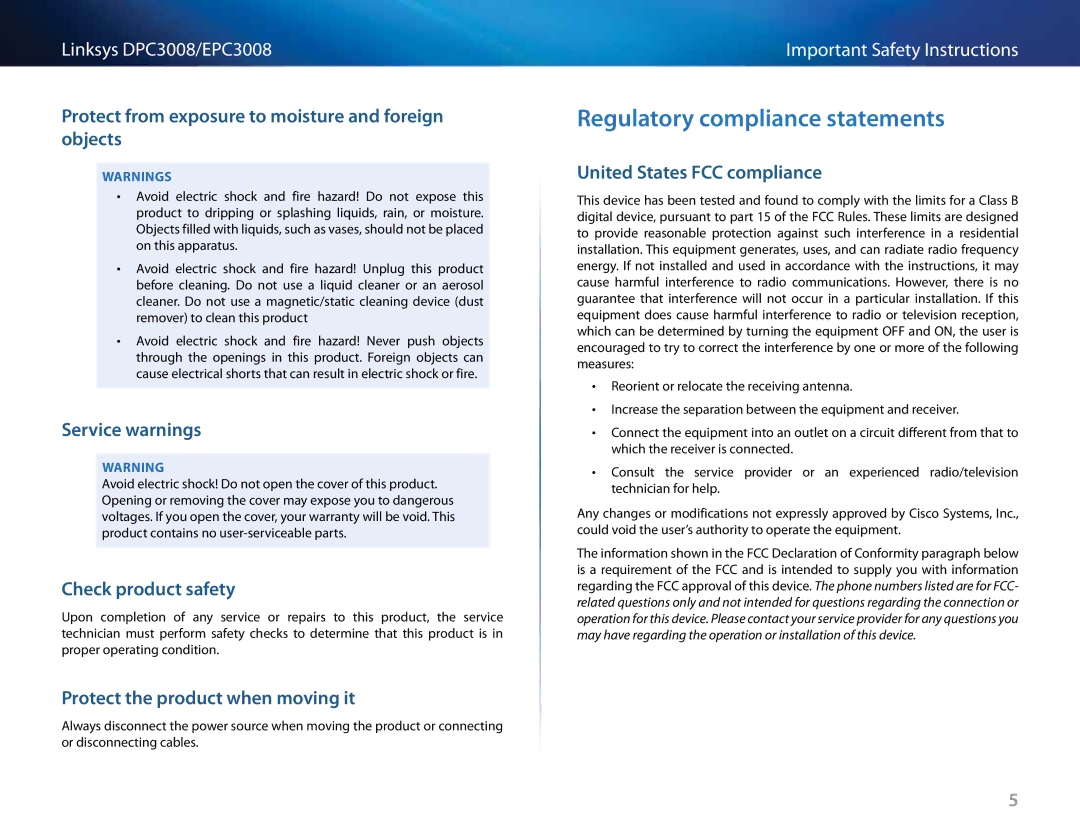 Cisco Systems DPC3008CC manual Regulatory compliance statements 