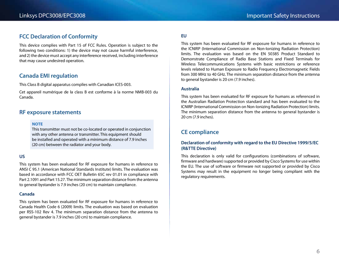 Cisco Systems DPC3008CC manual FCC Declaration of Conformity, Canada EMI regulation, RF exposure statements, CE compliance 