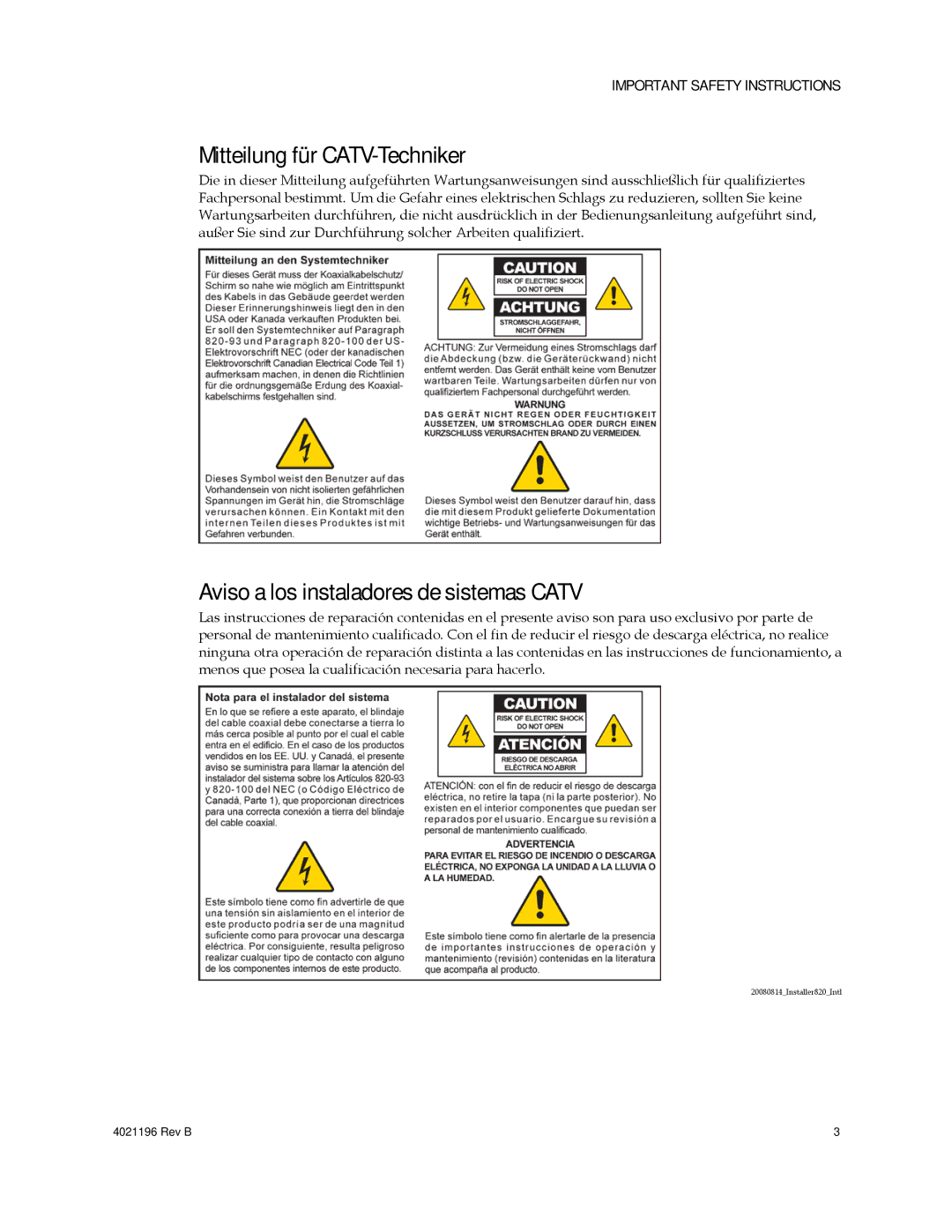 Cisco Systems 4034138, DPC3825, EPC3825, 4034441 Mitteilung für CATV-Techniker, Aviso a los instaladores de sistemas Catv 