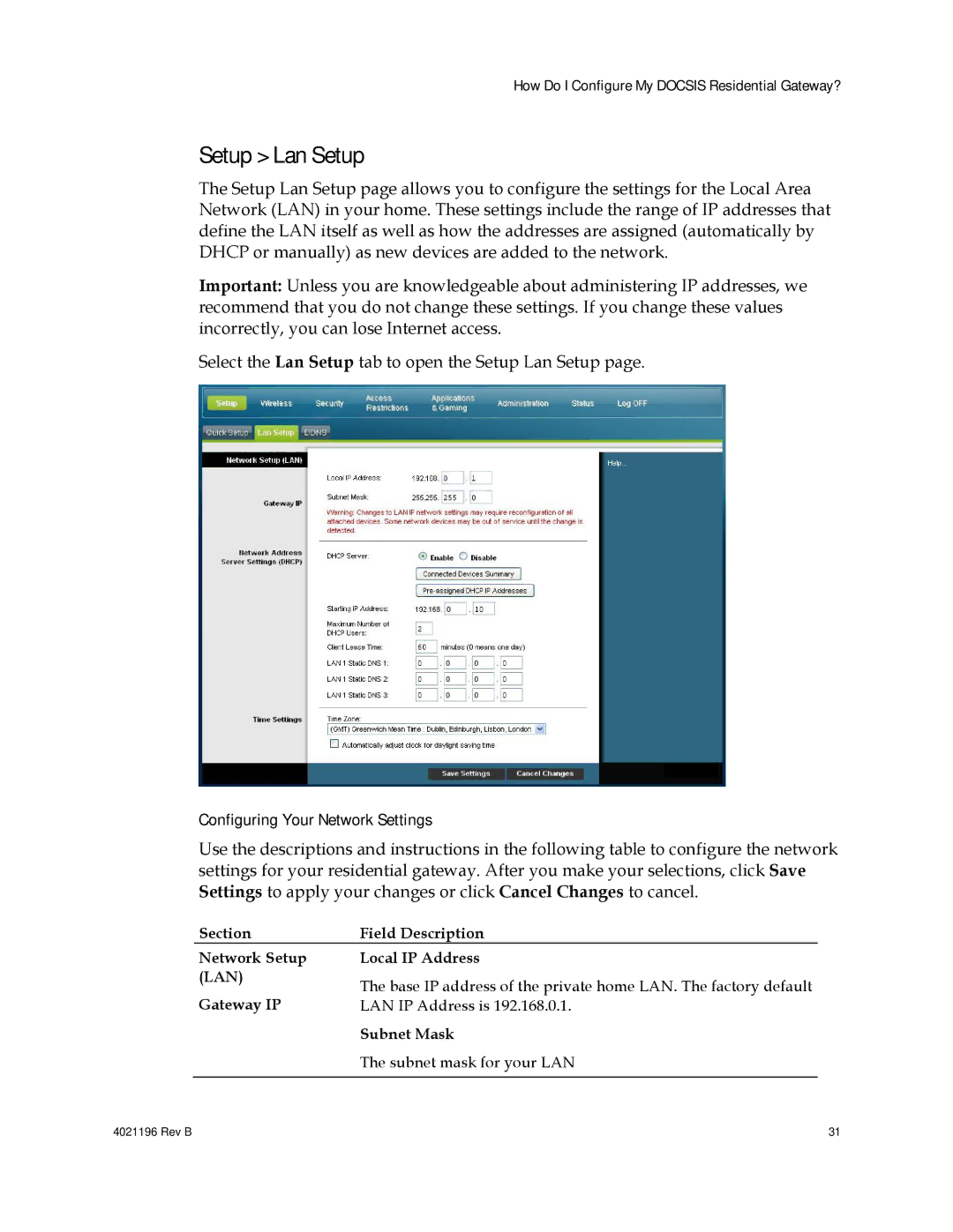 Cisco Systems 4034138, DPC3825, EPC3825, 4034441 Setup Lan Setup, Configuring Your Network Settings 