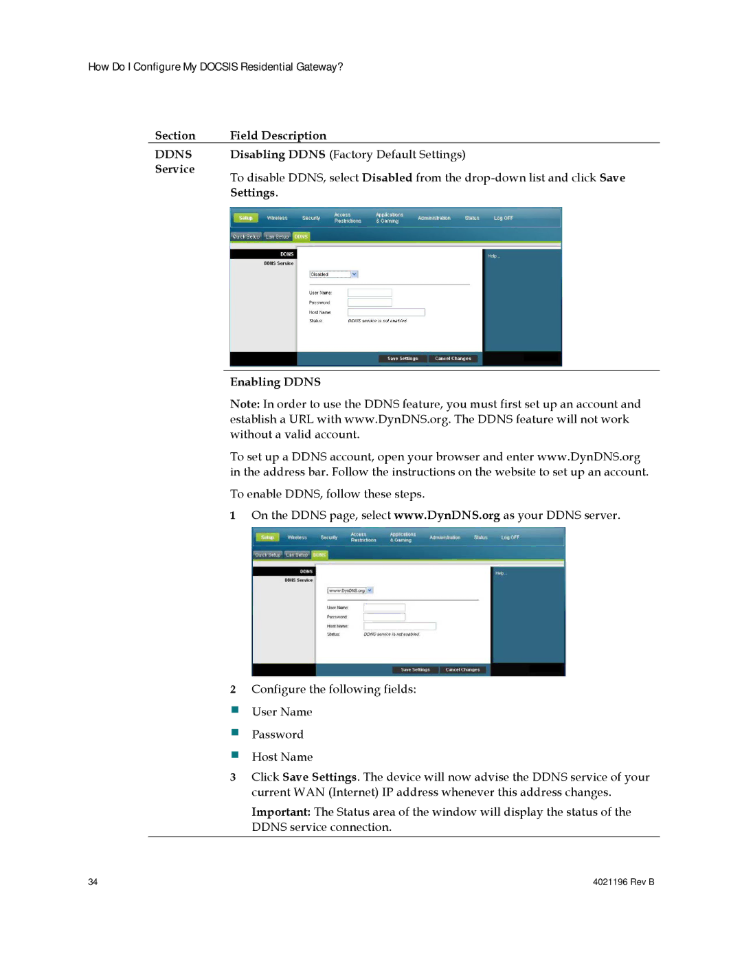 Cisco Systems 4034441, DPC3825, EPC3825, 4034138 important safety instructions Disabling Ddns Factory Default Settings 